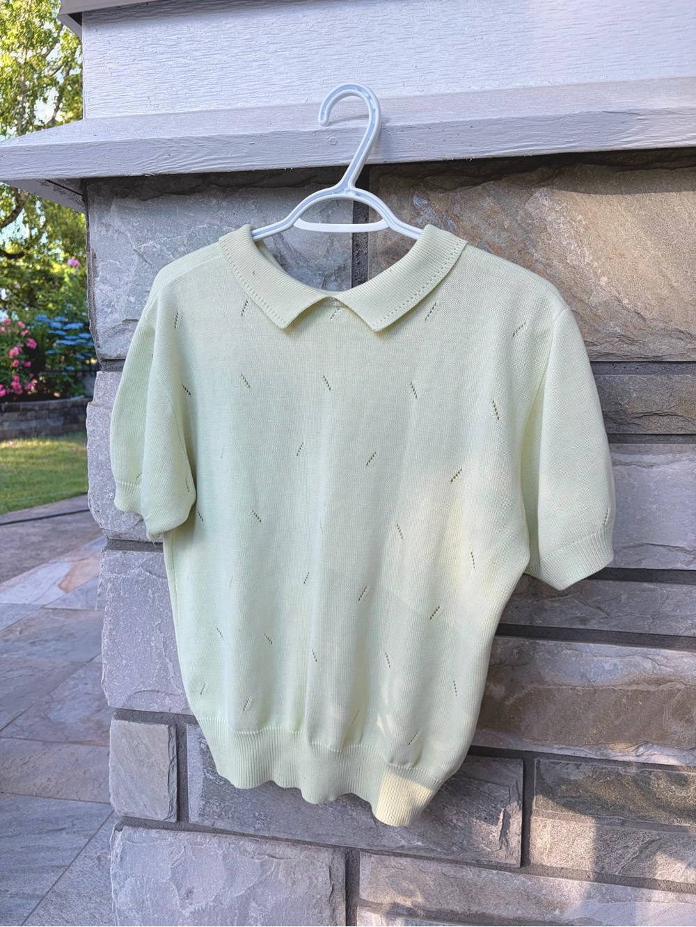 Butter Yellow Collared Pointelle Knit Sweater